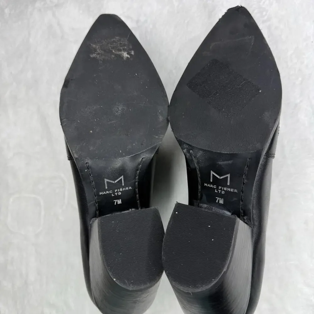 Marc Fisher‎ Leather Heeled Western Booties Black Detailed Pointed Toe  7 EUC